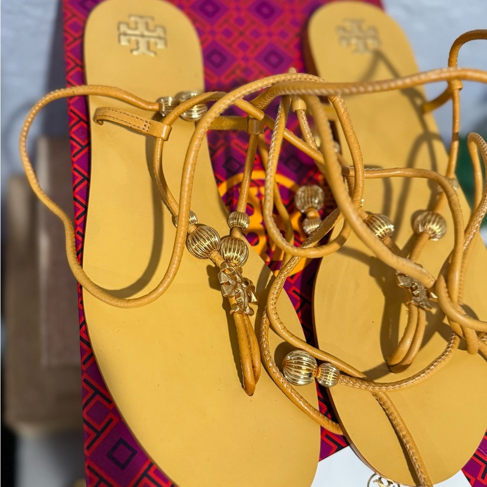 Tory Burch Capri Lace up Yellow and gold Sandals Worn Once !!! - Picture 7 of 10